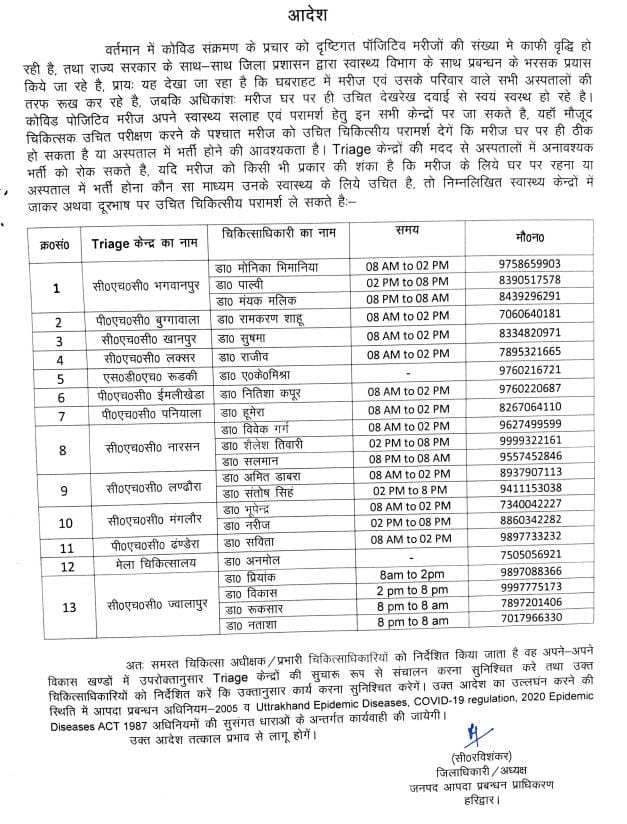 हरिद्वार में बढ़ते कोरोना के पॉजिटिव मरीजों के लिए स्वास्थ्य केंद्रों पर डॉक्टर चिकित्सकों की व्यवस्था हरिद्वार जिला अधिकारी शी रविशंकर ने की