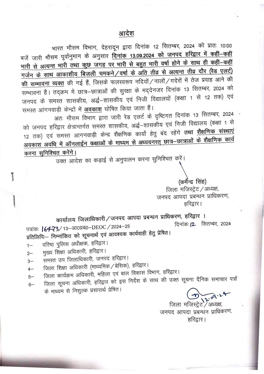 मौसम विभाग के अलर्ट जारी होते ही जिला अधिकारी हरिद्वार ने 13 दिसंबर को  कक्षा 1 से 12 तक के शासकीय अशासकीय व  निजी स्कूलों व संस्थाओं को बंद करने के दिए आदेश और  कहा इस आदेश का शक्ति से पालन किया जाए पालन न करने वालों के विरुद्ध कड़ी कार्यवाही की जाएगी