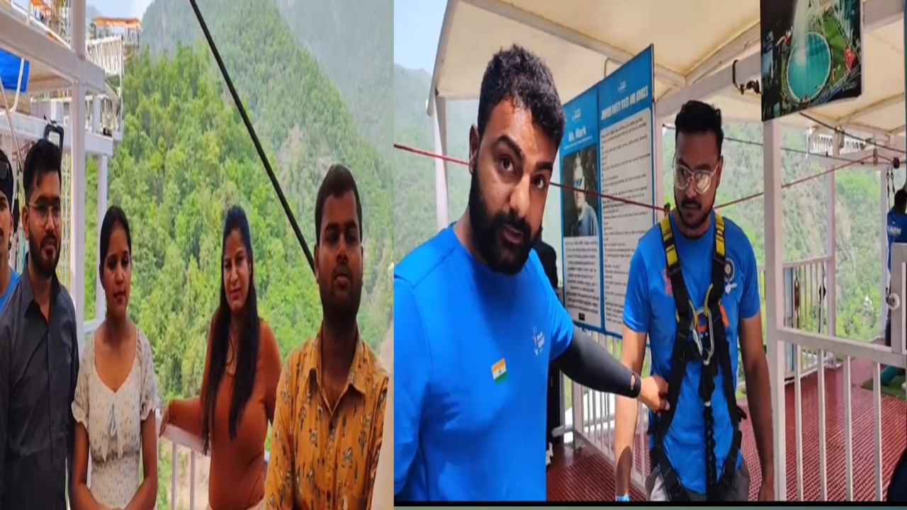 ऋषिकेश में बंजी जंपिंग के बारे में बात करेंगे, जो भारत में सबसे ऊंचे बंजी जंपिंग प्लेटफॉर्म के लिए प्रसिद्ध है  बंजी जंपिंग करते हुए लोग और ऋषिकेश के दृश्य