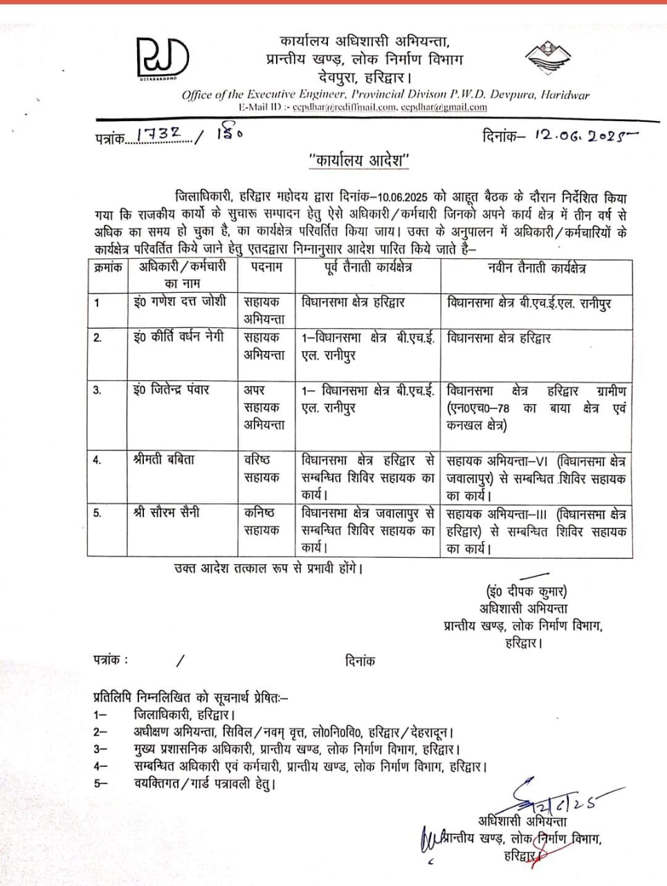 हरिद्वार जिलाधिकारी मयूर दीक्षित ने लोक निर्माण विभाग हरिद्वार में किया बड़ा फेर बदल किसको कहां भेजा देखे लिस्ट में