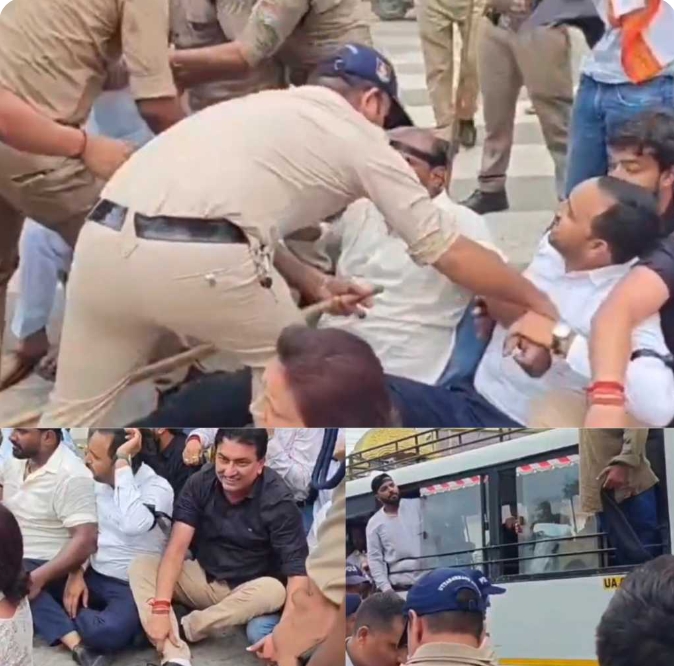 मुख्यमंत्री के कार्यक्रम के दौरान दूसरी तरफ काली पट्टी बांधकर मुख्यमंत्री का विरोध करने वाले कांग्रेसियों को पुलिस ने रोका