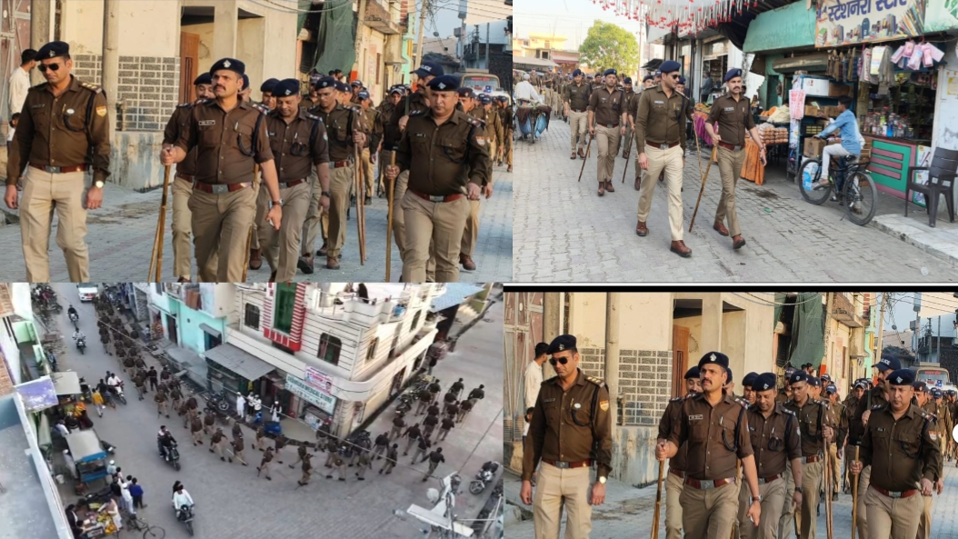 आगामी होली पर्व के दृष्टिगत पथरी पुलिस ने पी०ए०सी के साथ  फेरुपुर क्षेत्र में निकाला फ्लैग मार्च।