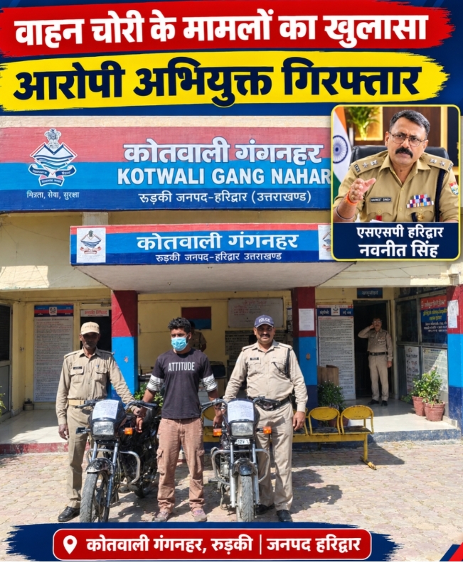 वाहन चोरी के मामलों का खुलासा कर आरोपी अभियुक्त को पुलिस ने किया गिरफ्तार।  आरोपी के कब्जे से चोरी की 02 मोटरसाइकिलें बरामद